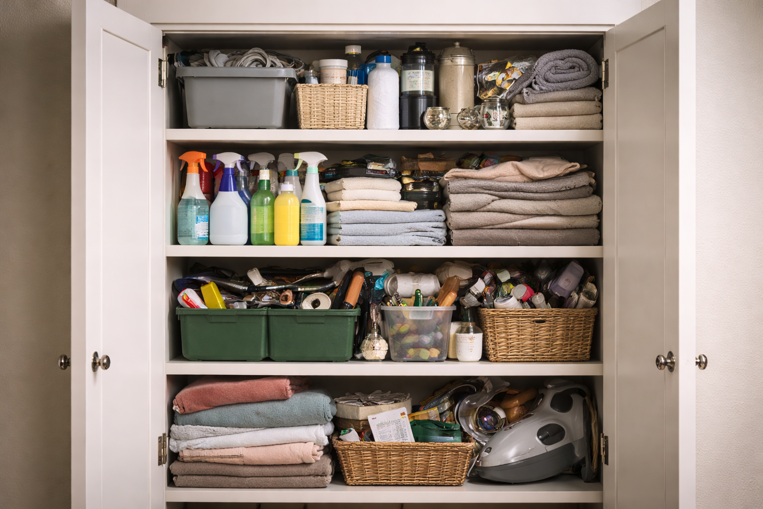 Open hallway cupboard with mixed household items crowded on shelves