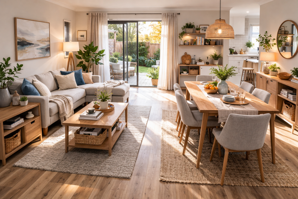 Organised open-plan living and dining area with neutral tones and natural light.